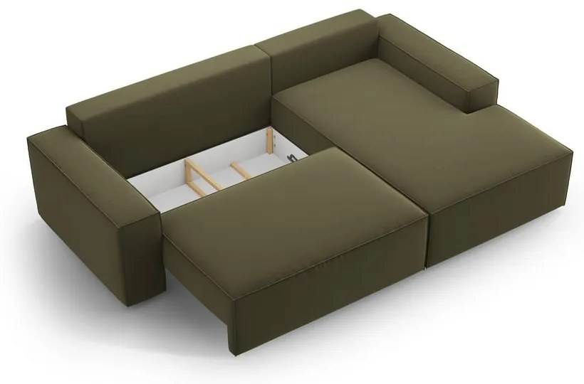 Divano angolare verde allungabile/con contenitore (con penisola a destra/con chaise lounge) con rivestimento in velluto Jodie – Micadoni