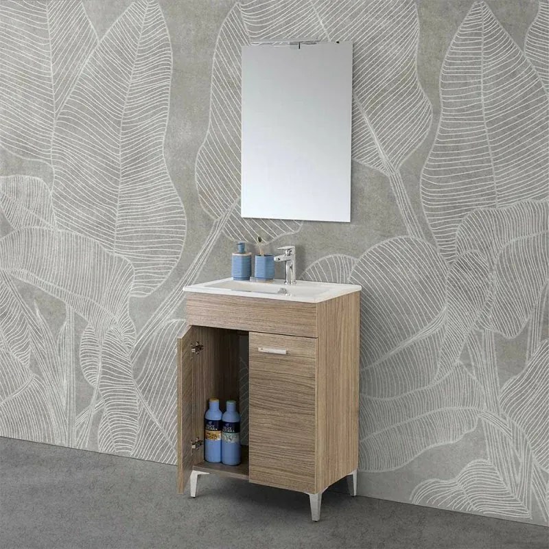 Mobile bagno a terra 60 cm rovere tropea con 2 ante lavabo e specchio Martha