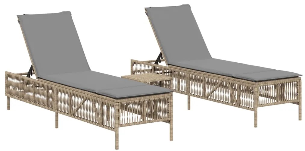 Lettini prendisole 2 pz con tavolino beige in polyrattan