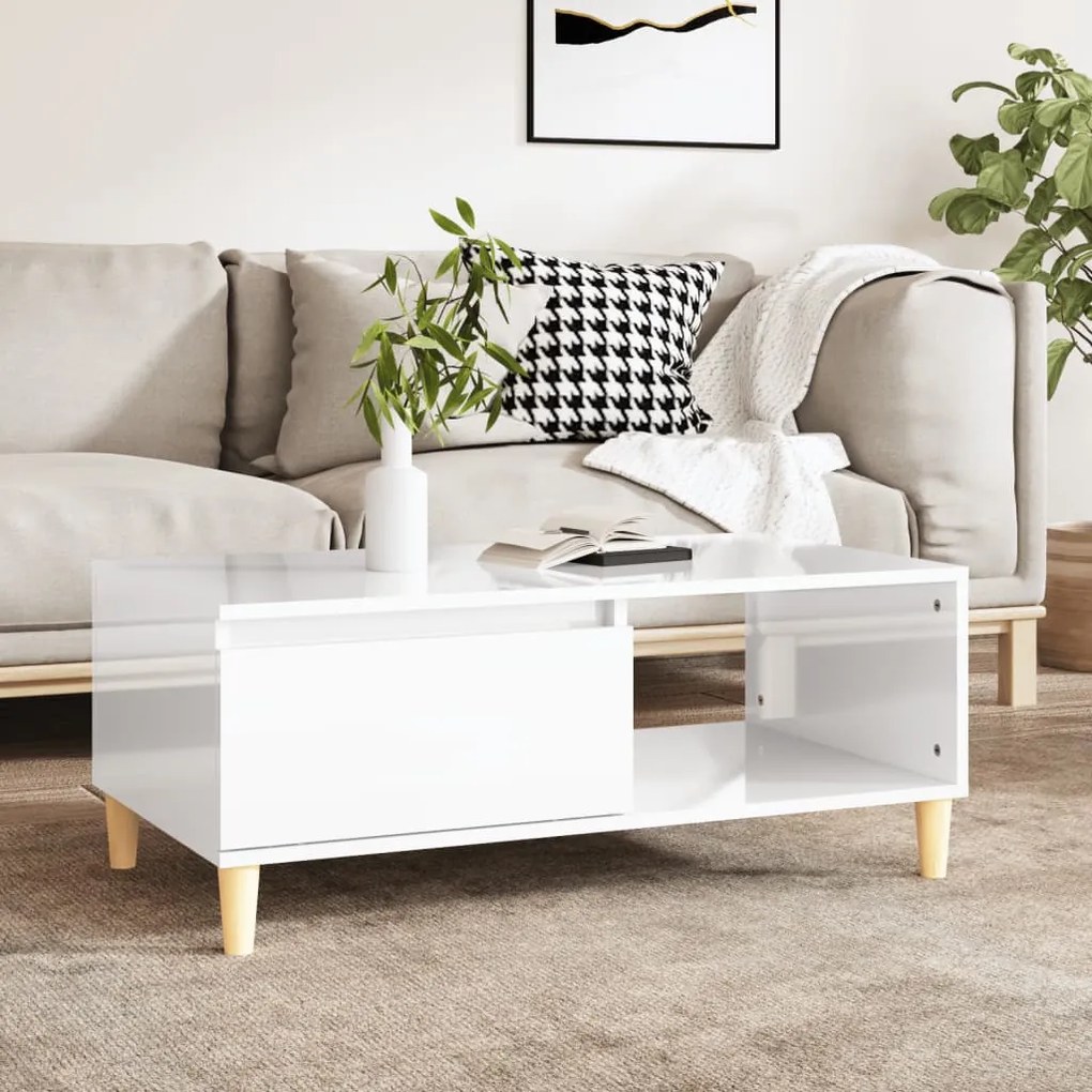 Tavolino Salotto Bianco Lucido 90x50x36,5 Cm Legno Multistrato /