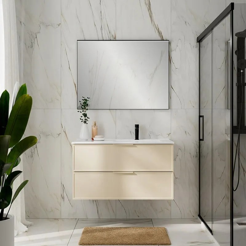 Mobile da bagno sospeso Quadra avorio con lavabo in ceramica vasca dx,  2 cassetti a chiusura ammortizzata (estrazione parziale), con maniglia in alluminio laccato avorio L100 H55 P45cm