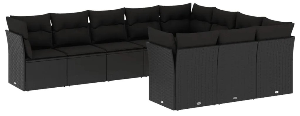 Set divani da giardino 10pz con cuscini in polyrattan nero