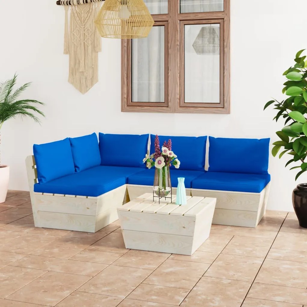 Set divani da giardino su pallet 5 pz con cuscini legno abete