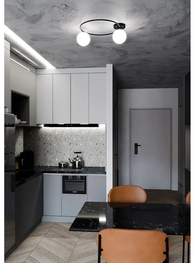 Plafoniera Minimal 2 Luci Perseo In Acciaio Nero E Sfere In Vetro Bianco