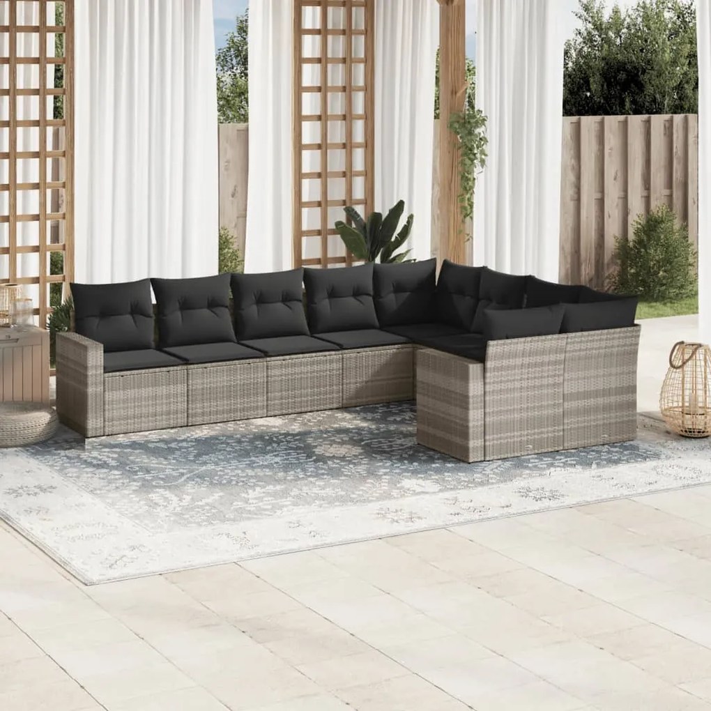 Set divano da giardino 9pz con cuscini grigio chiaro polyrattan