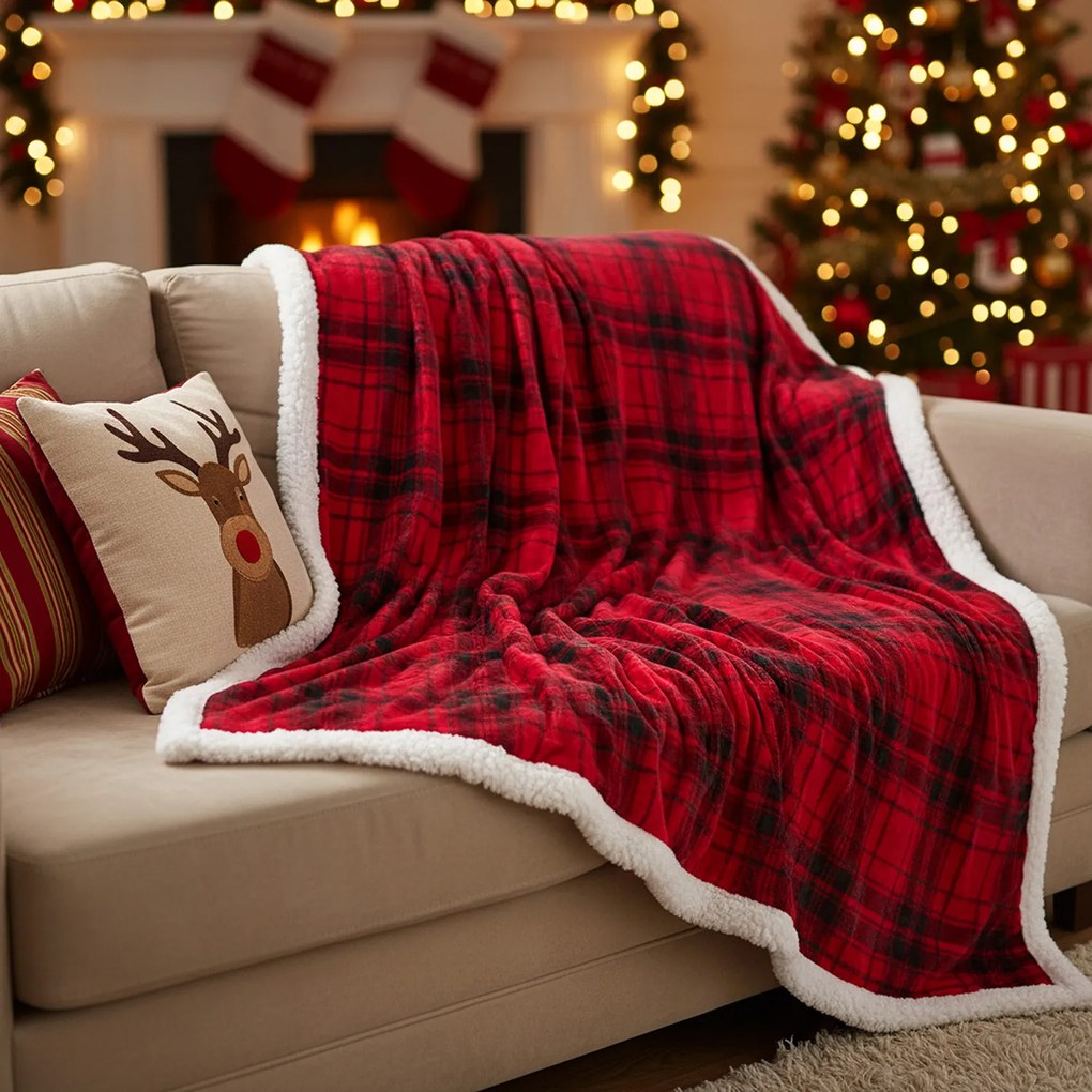 Plaid tartan rosso 210x240 cm sherpa