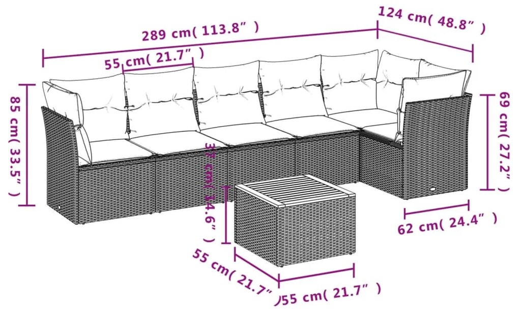 Set divani da giardino con cuscini 7pz nero polyrattan