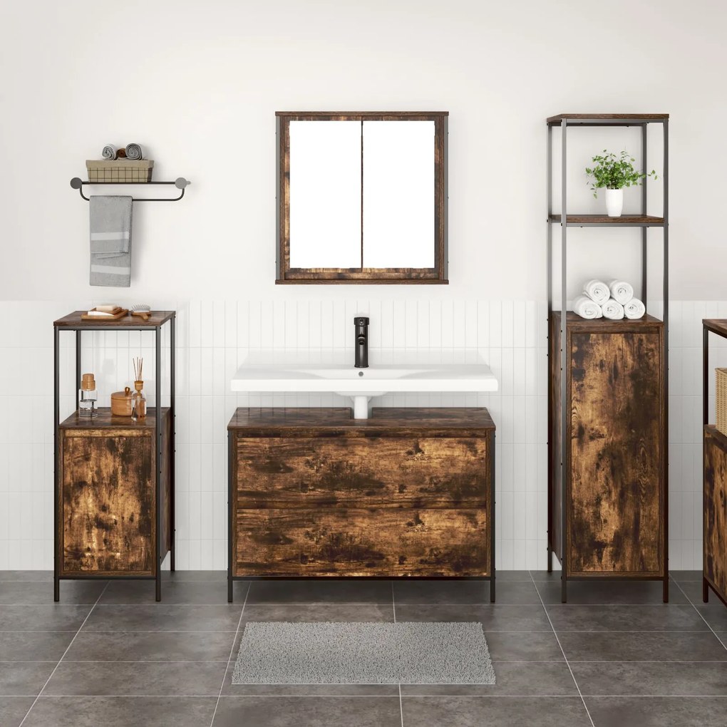 Set di mobili per bagno 3 pezzi in rovere fumé in legno ingegnerizzato