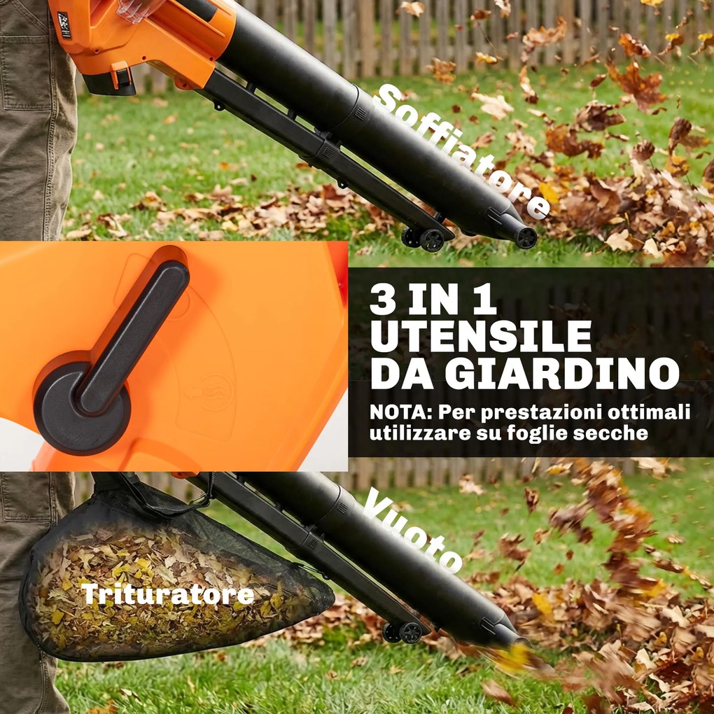 Soffiatore 3-in-1 con Funzione Aspiratore Trituratore per Foglie 3000W in PP e Tessuto Nero e Arancione...
