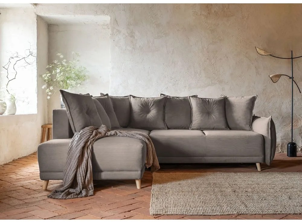 Divano letto in velluto a coste marrone chiaro (angolo sinistro) Lazy Lukka - Miuform