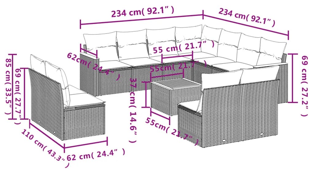 Set divani da giardino 12 pz con cuscini beige in polyrattan