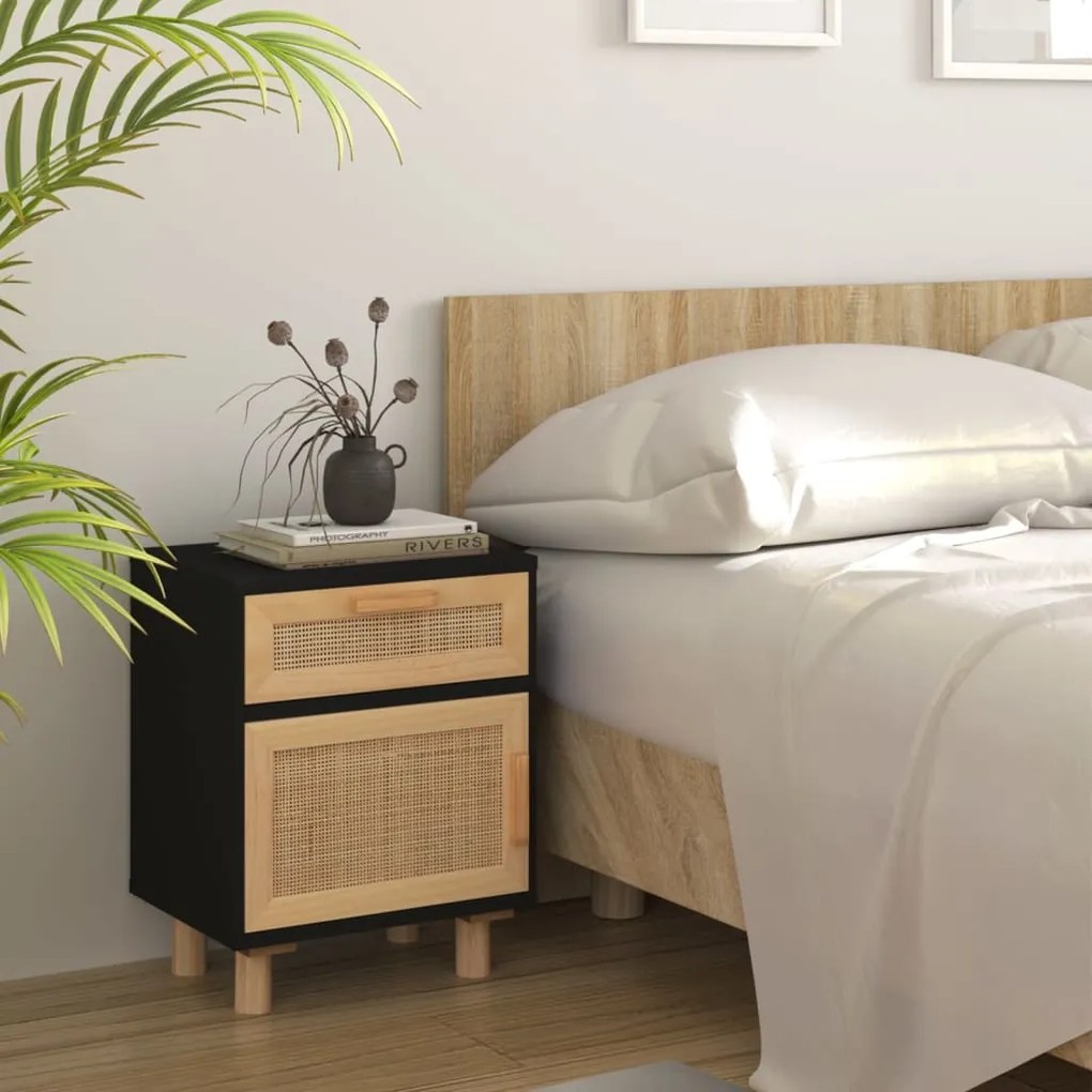 Comodino Nero İn Legno Massello Di Pino E Rattan Naturale /