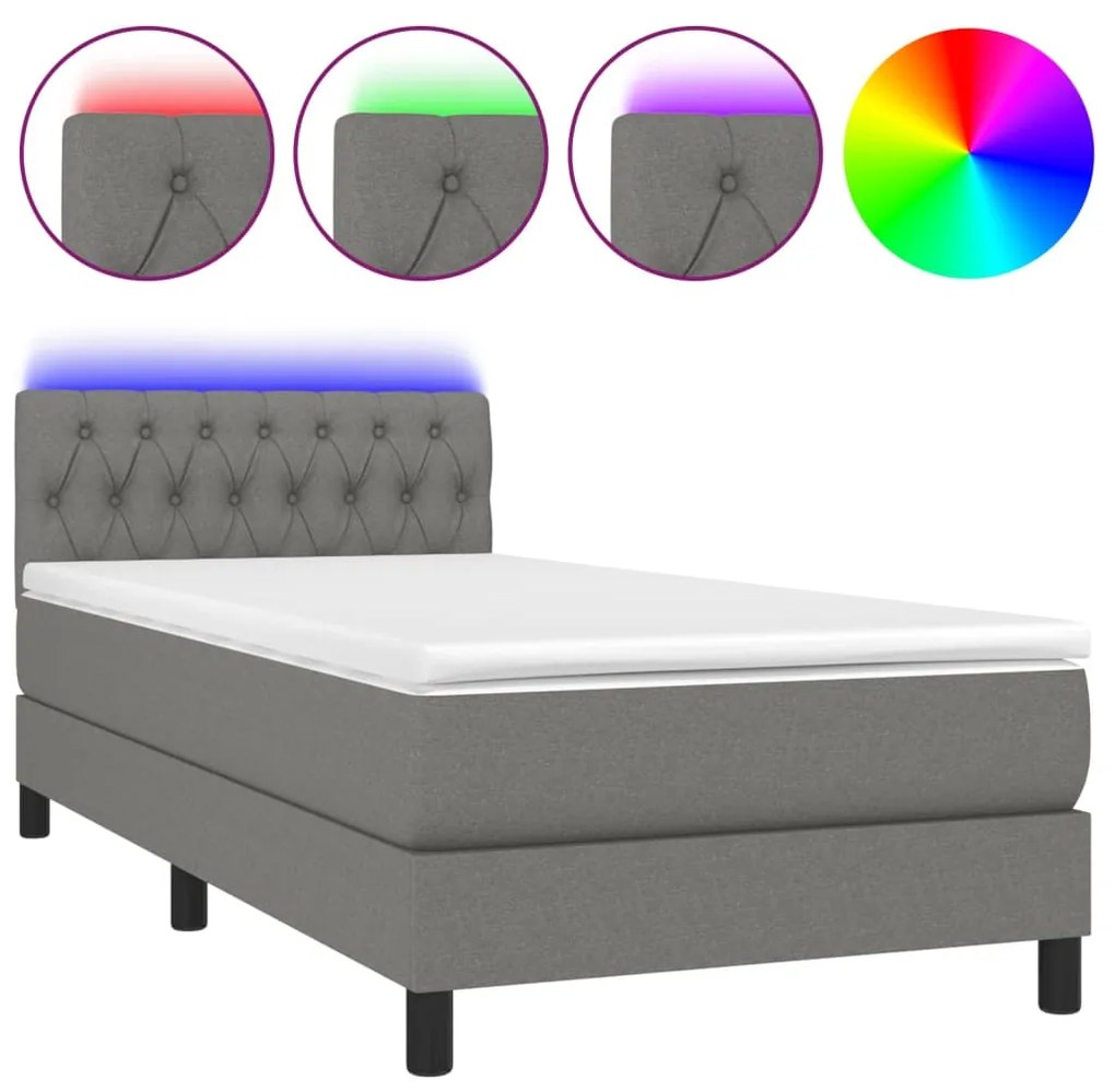 Letto a molle materasso e led grigio scuro 90x190 cm in tessuto