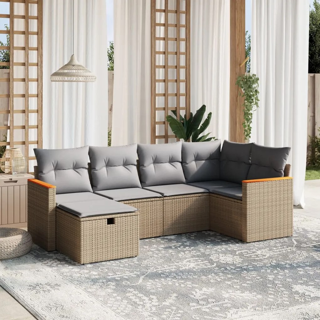 Set divano da giardino 6 pz con cuscini beige misto polyrattan