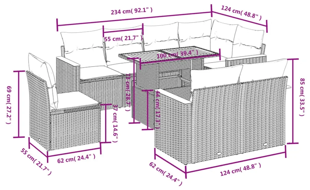 Set divani da giardino 9 pz con cuscini nero in polyrattan