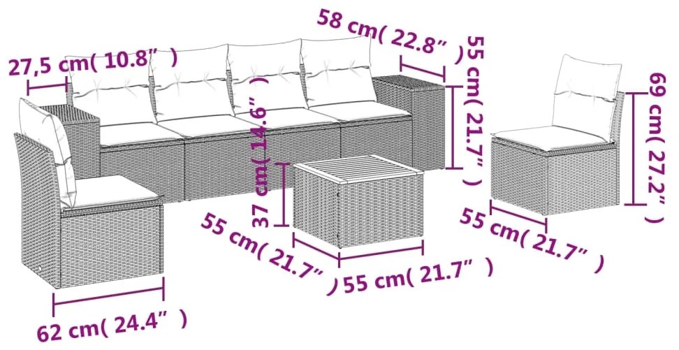 Set divani da giardino con cuscini 7pz nero polyrattan