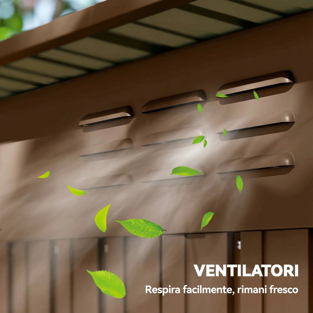 Casetta da Giardino 159x106x181 cm con Prese d'Aria e Porta Scorrevole in Metallo Marrone...