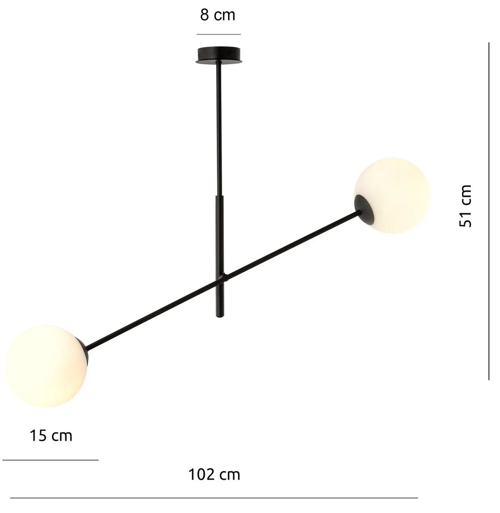 Lampadario 2 Luci Linear In Acciao Nero Con Bracci Regolabili E Vetro Opale