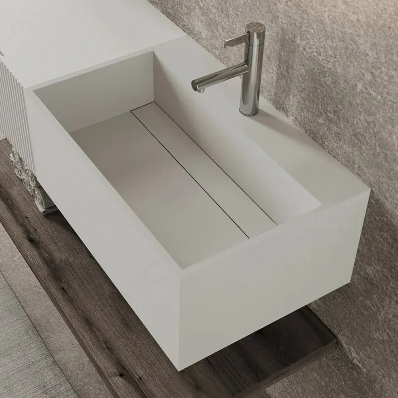Mobile sospeso 100 cm cannettato rovere naturale lavabo in resina Tevere