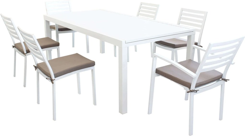 DEXTER - set tavolo in alluminio cm 200/300 x 100 x 74 h con 4 sedie e 2 poltrone Dexter