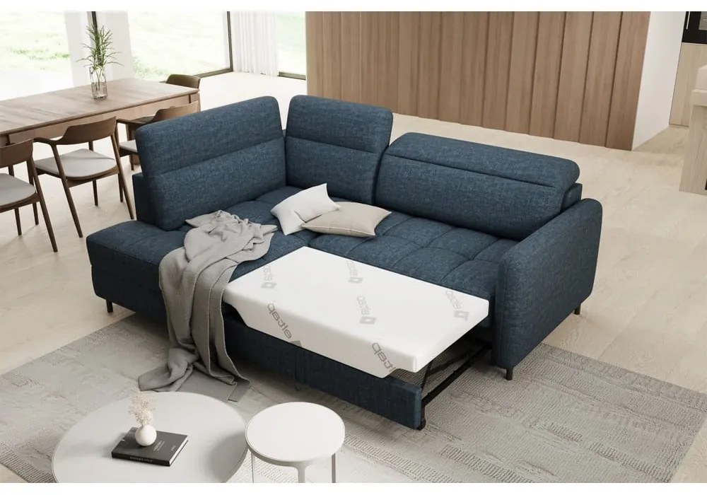 Divano angolare blu allungabile/con contenitore (con penisola a sinistra/a L) e rivestimento in velluto Barea – ELTAP