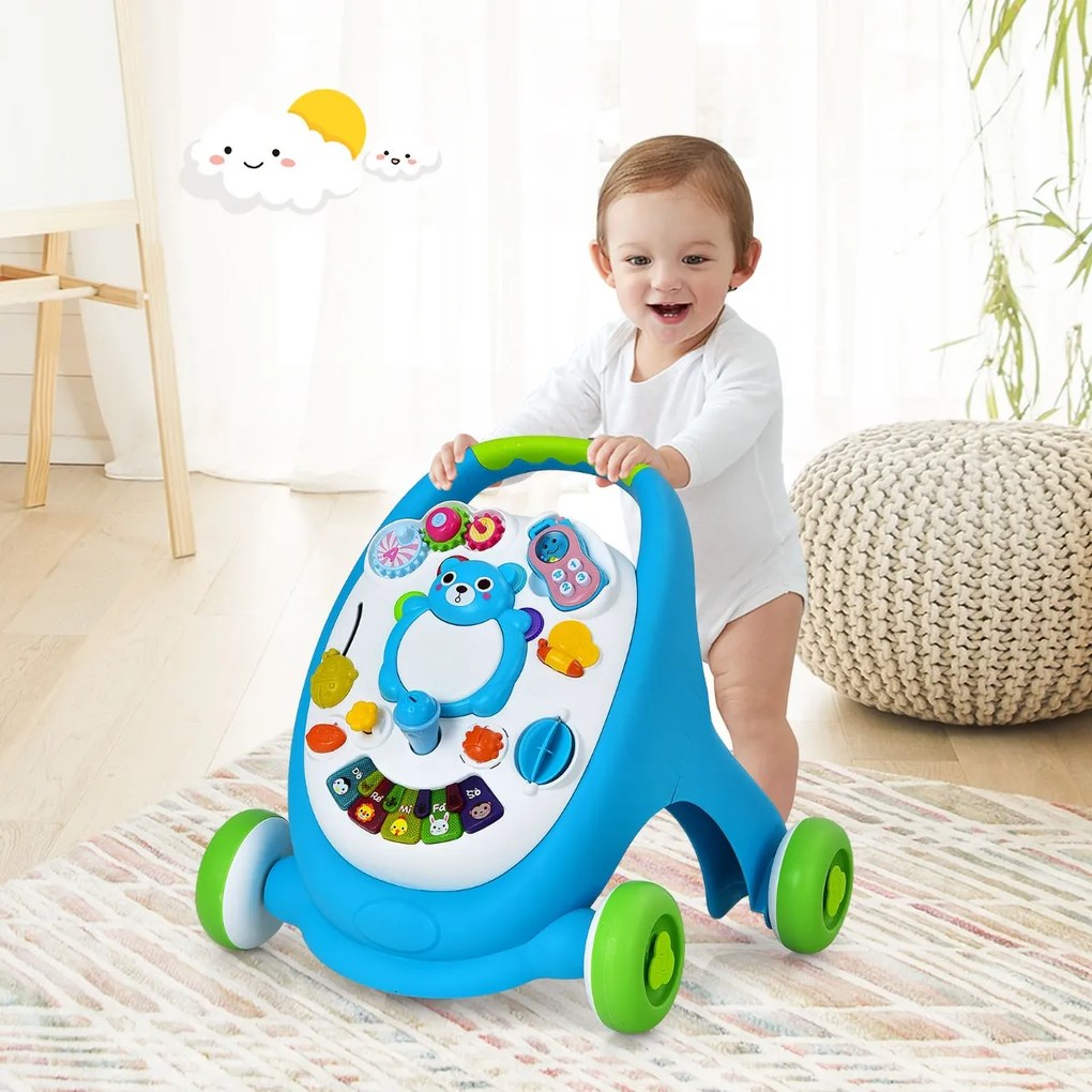 Costway Centro attività con pannello rimovibile e luci per bambini, Primi passi a spinta per camminare Blu