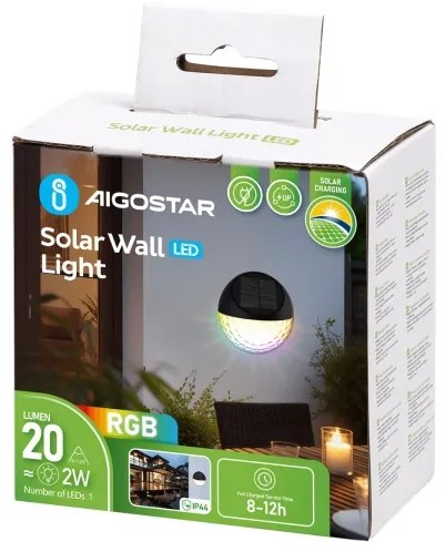 Aigostar - Lampada da parete solare LED RGB 2W 1,2V nera IP44