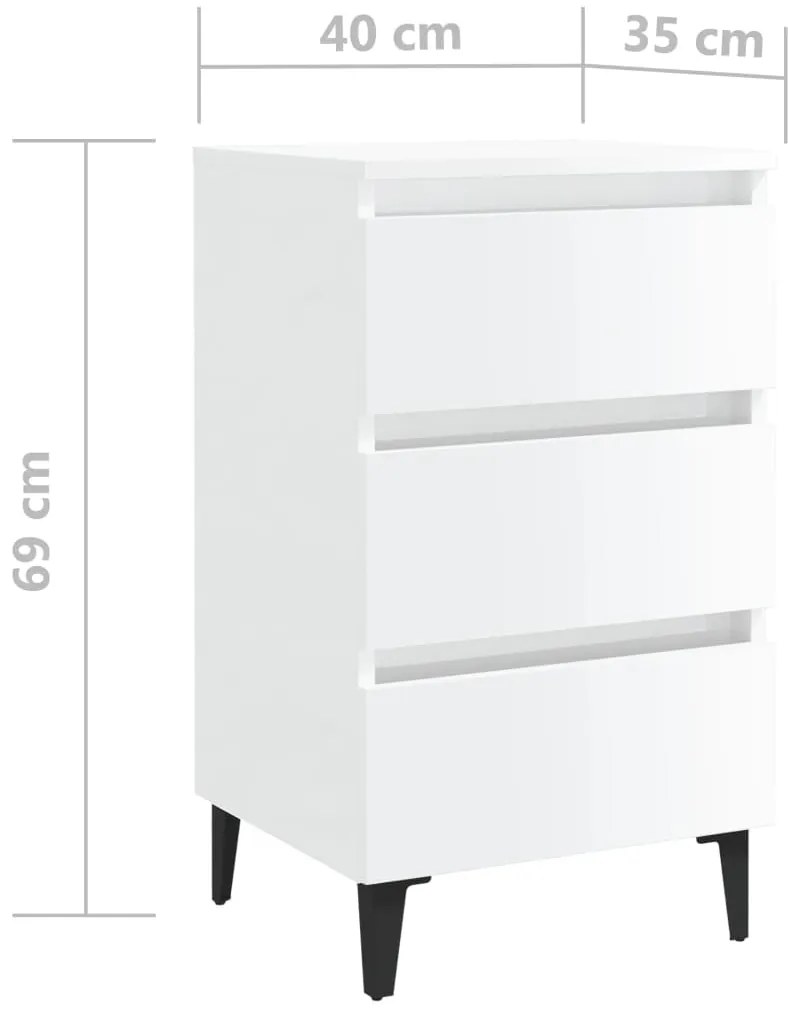 Comodini con Gambe in Metallo 2pz Bianco Lucido 40x35x69 cm