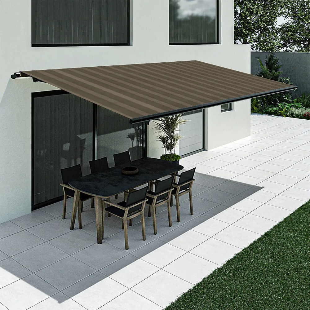Tenda da sole marrone a righe, modello Basic senza cassonetto, 2400 x 1500 mm, con manovella, configurazione individuale