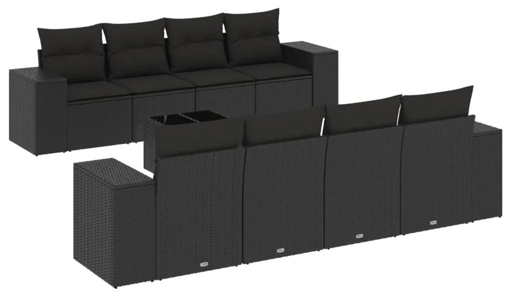 Set divani da giardino 9 pz con cuscini nero in polyrattan