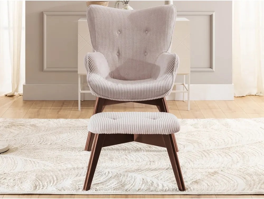 Poltrona con poggiapiedi rosa chiaro con rivestimento in velluto a coste Niko – Ropez