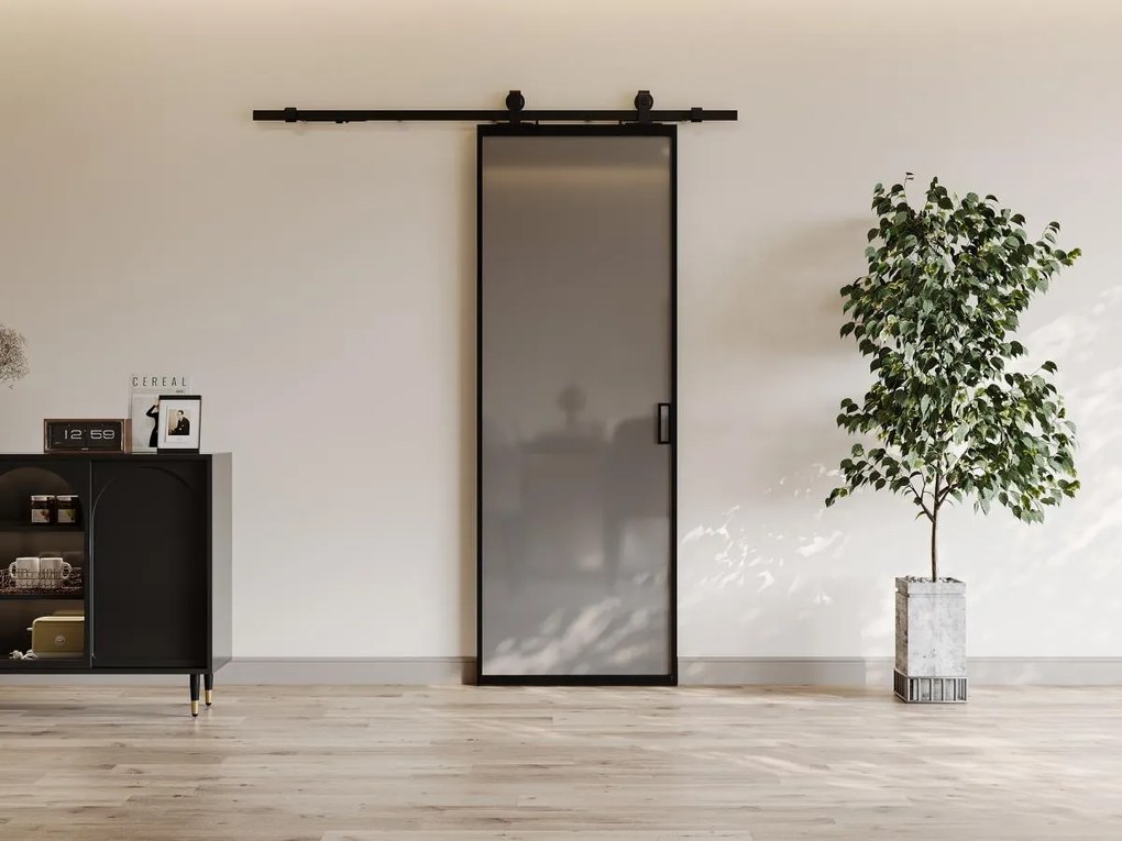 Porta scorrevole esterno muro H205 x L83 cm Alluminio e Vetro temperato fumé - LINCI II