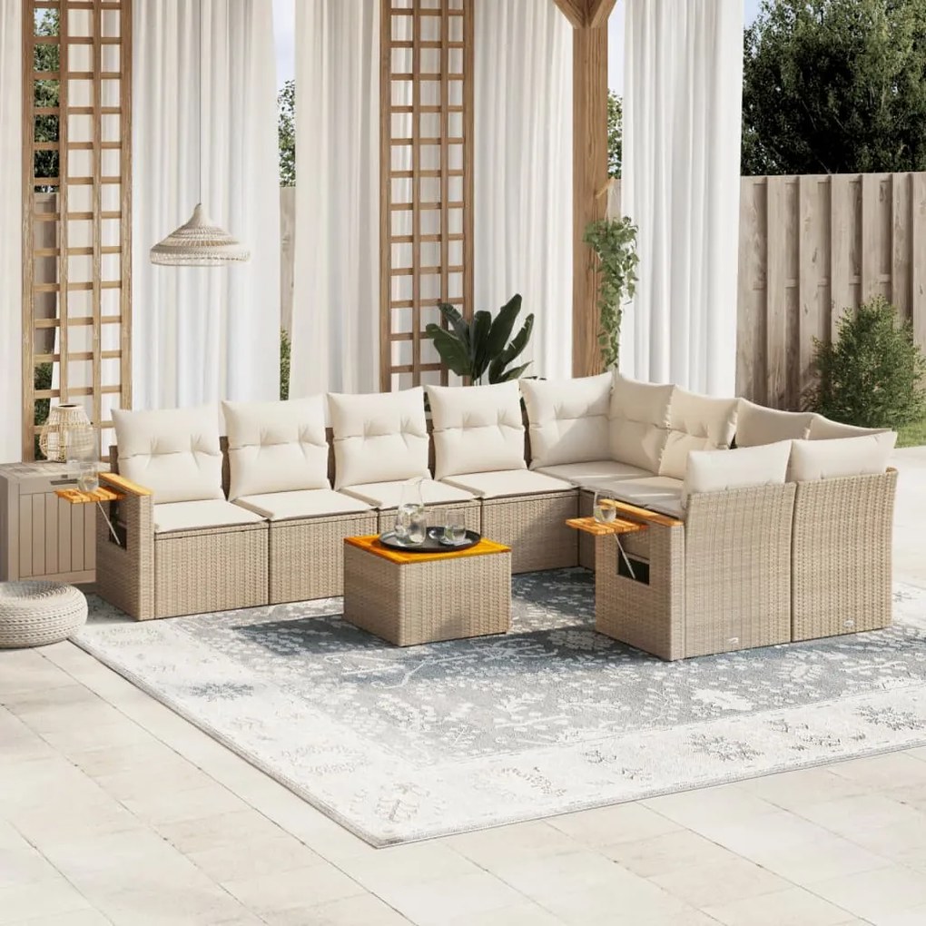 Set divano da giardino 10 pz con cuscini beige in polyrattan