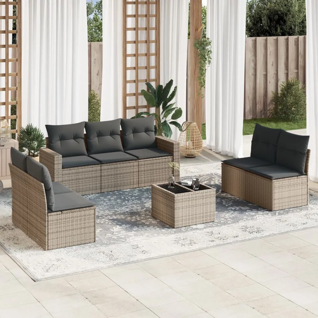 Set divano da giardino 8 pz con cuscini grigio in polyrattan