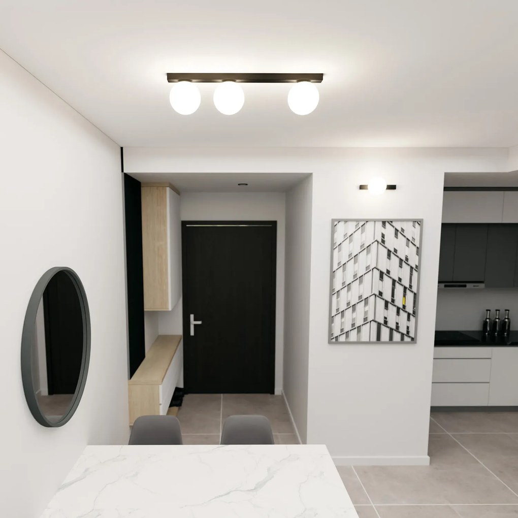 Plafoniera Moderna 3 Luci Giapeto Barra In Acciaio Nero E Sfere Di Vetro Opale