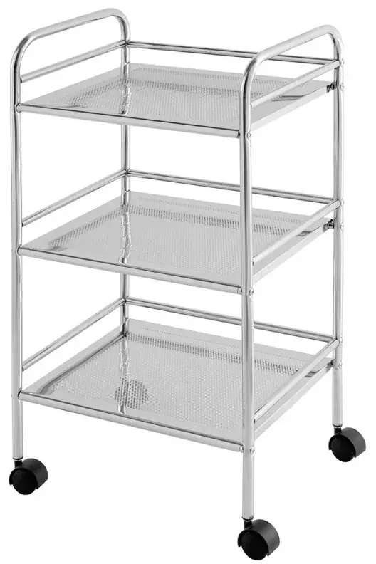 Carrello con ruote e tre ripiani in acciaio cromato in kit di montaggio