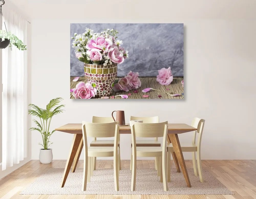 Quadro su tela – Fiori di garofano in vaso a mosaico