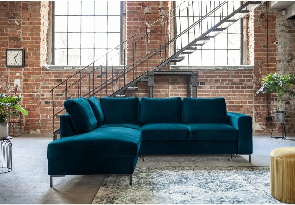 Divano letto angolare in velluto turchese (angolo sinistro) Lofty Lilly - Miuform