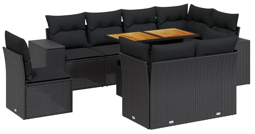 Set divani da giardino 9 pz con cuscini nero in polyrattan