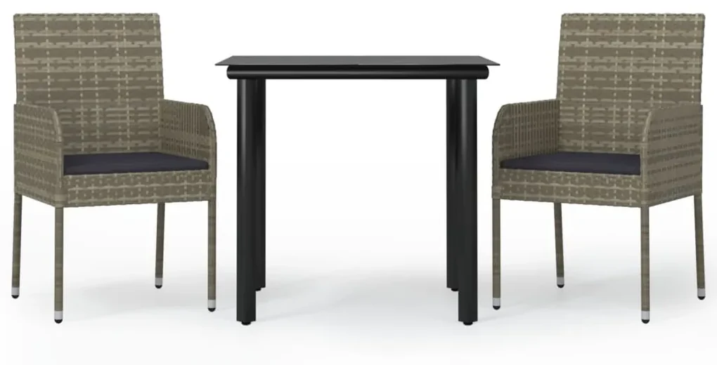 Set salotto giardino 3 pz con cuscini nero e grigio polyrattan
