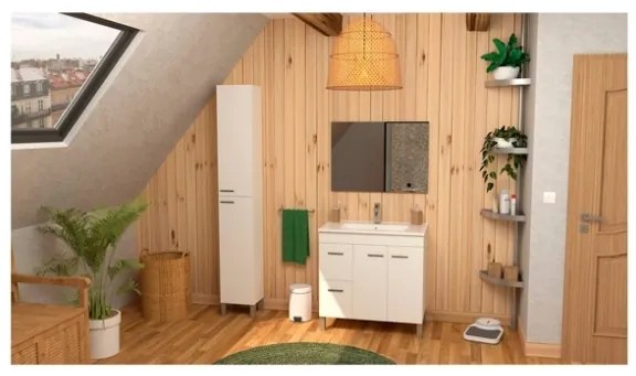 Mobile Da Bagno 80 Cm 2 Ante E 2 Cassetti Con Lavabo E Specchio Aktiva Bianco