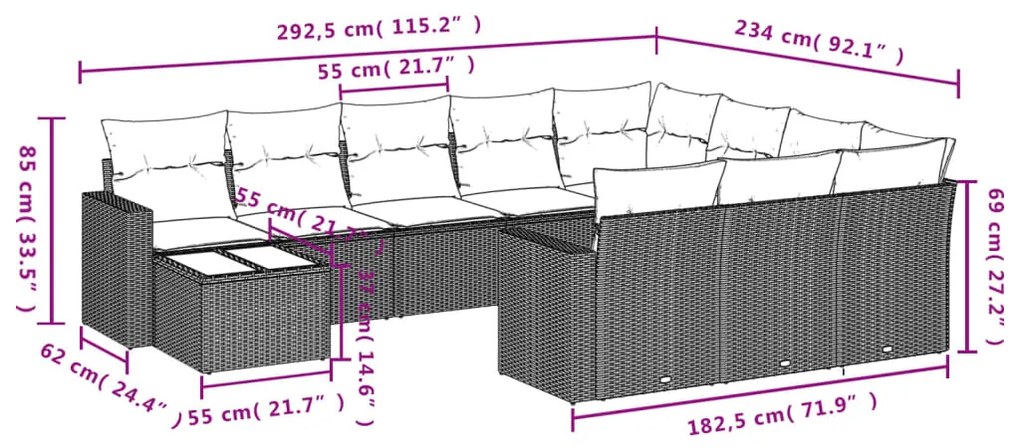 Set Divani da Giardino 11 pz con Cuscini in Polyrattan Nero