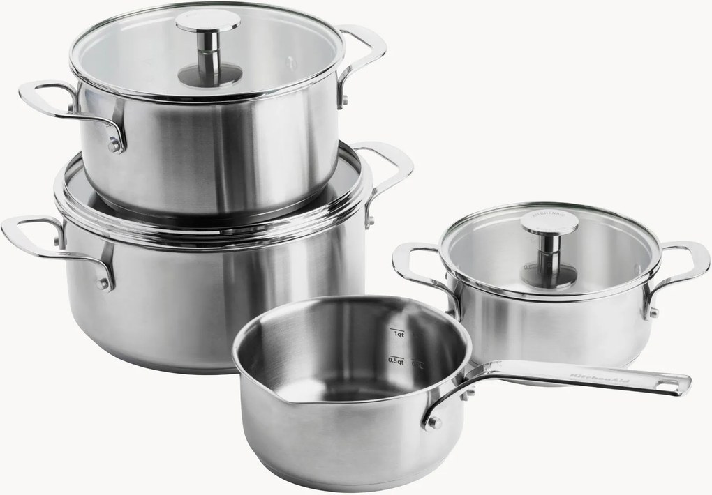 Batteria di pentole in acciaio inossidabile con coperchi Kitchen Aid, set da 7