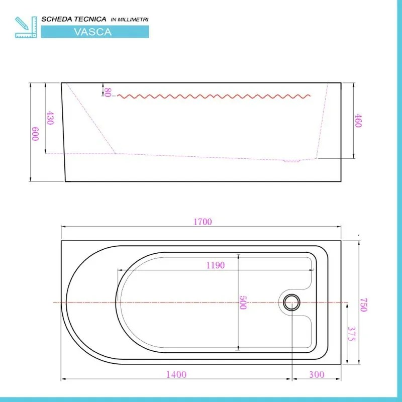 Vasca da bagno angolare lato sinistro 75x170 cm scarico incluso Corinne