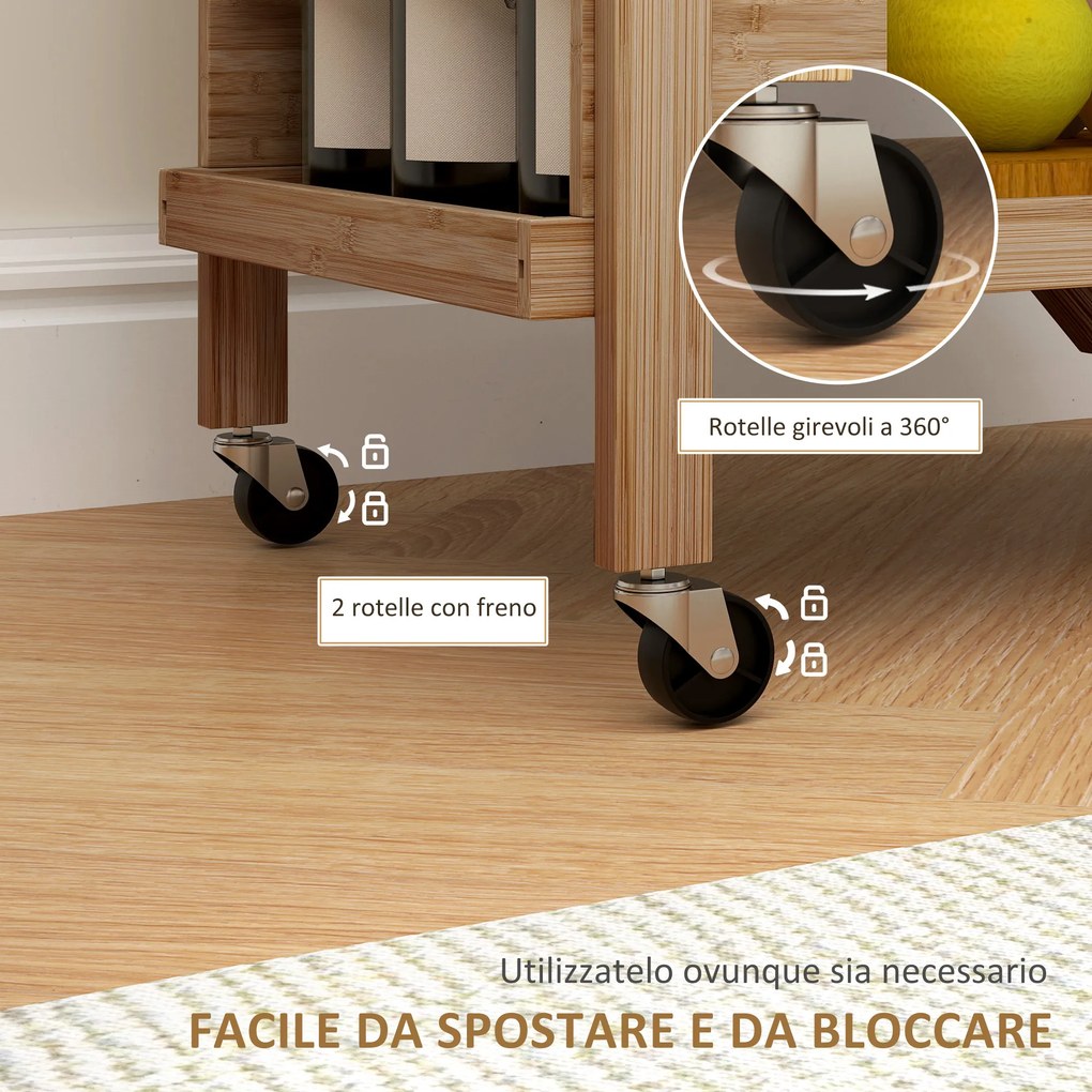 Carrello da Cucina Portavivande Pieghevole 66x40x70 cm a 2 Livelli con Portabottiglie in Legno di Bambù...