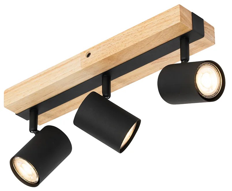 Faretto da soffitto smart nero con legno 3 luci orientabile e inclinabile con Wifi GU10 50mm - Jeana