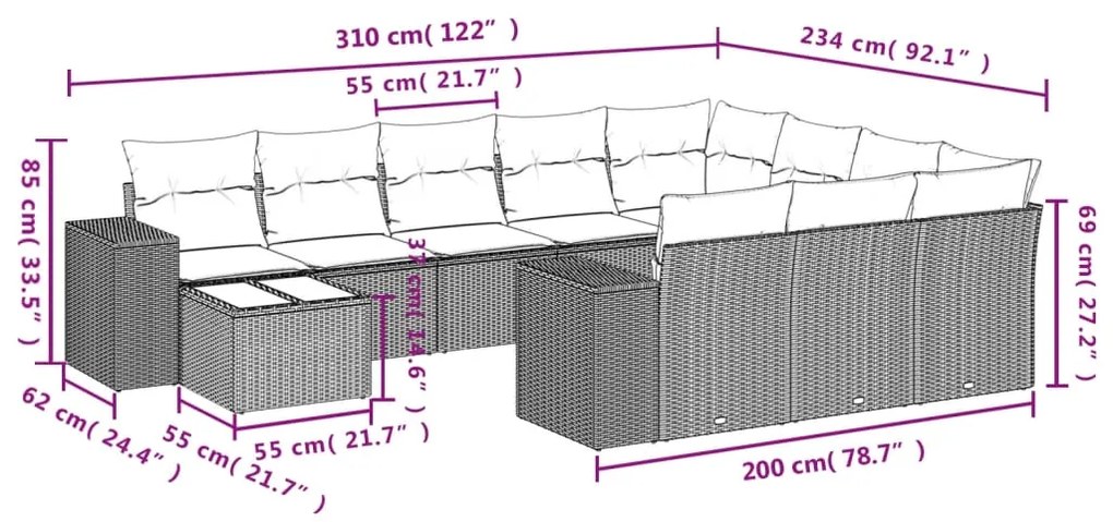 Set Divani da Giardino 11 pz con Cuscini in Polyrattan Nero