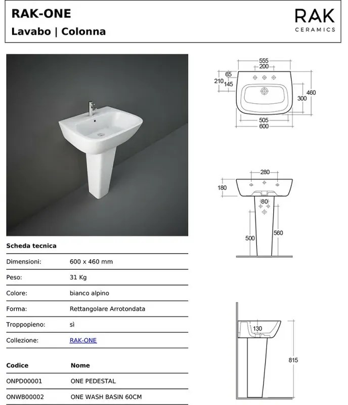 Lavabo bagno Rak serie One 60x46 cm con colonna in ceramica lucida