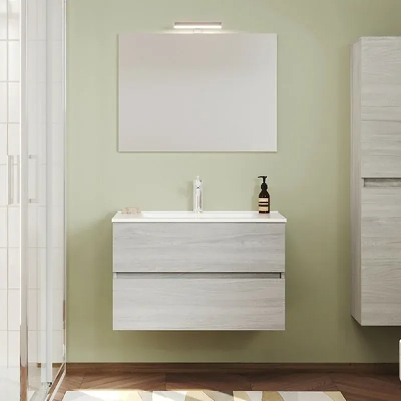 Mobile bagno sospeso rovere grigio 80 cm lavabo e specchiera LED Easy