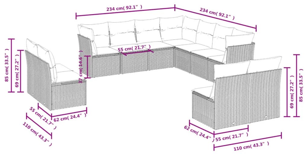 Set Divani da Giardino 11 pz con Cuscini Beige in Polyrattan